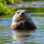 A cute otter floating on its back in water.