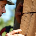 Technician inspecting wood for termite damage.