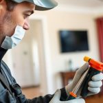 Pest control technician working in a residential area.