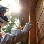 Exterminator treating wood for termites in a home.