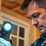 Technician inspecting wood for termites in a home.