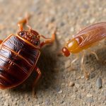 Close-up of bed bug and flea on surface.