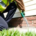 Pest control technician treating a home's foundation.